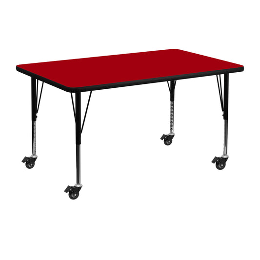 Wren Mobile 30''W x 48''L Rectangular Red Thermal Laminate Activity Table - Height Adjustable Short Legs Red XU-A3048-REC-RED-T-P-CAS-GG
