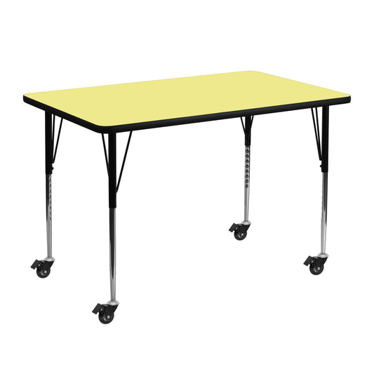 Wren Mobile 30''W x 48''L Rectangular Yellow Thermal Laminate Activity Table - Standard Height Adjustable Legs Yellow XU-A3048-REC-YEL-T-A-CAS-GG