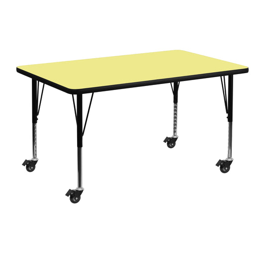 Wren Mobile 30''W x 48''L Rectangular Yellow Thermal Laminate Activity Table - Height Adjustable Short Legs Yellow XU-A3048-REC-YEL-T-P-CAS-GG