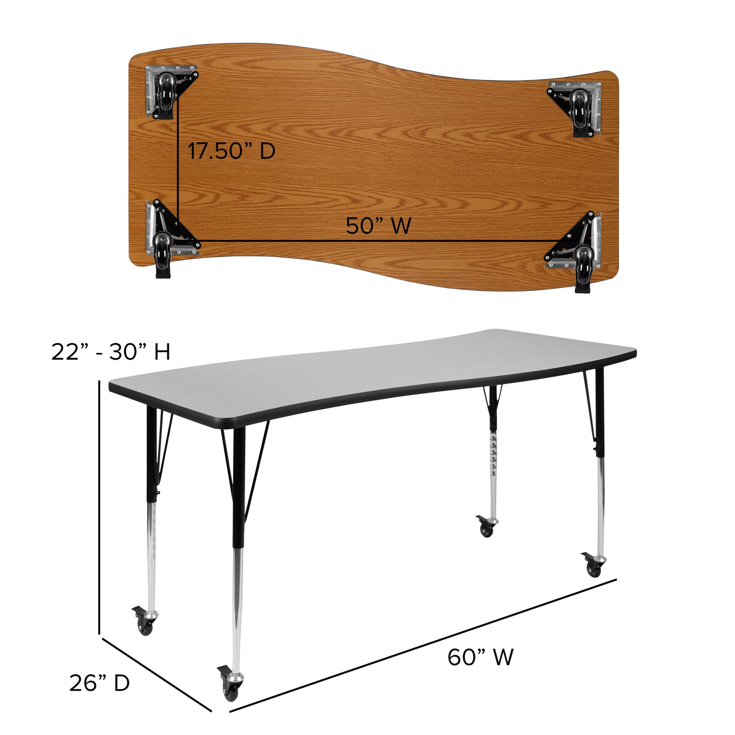 Wren Mobile 26"W x 60"L Rectangle Wave Flexible Collaborative Grey Laminate Activity Table - Standard Height Adjust Legs Grey XU-A3060-CON-GY-T-A-CAS-GG