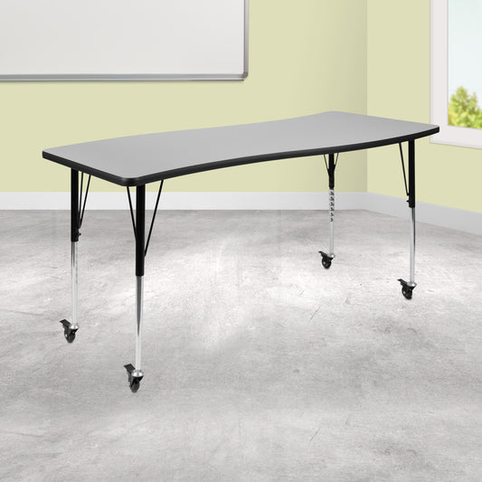 Wren Mobile 26"W x 60"L Rectangle Wave Flexible Collaborative Grey Laminate Activity Table - Standard Height Adjust Legs Grey XU-A3060-CON-GY-T-A-CAS-GG