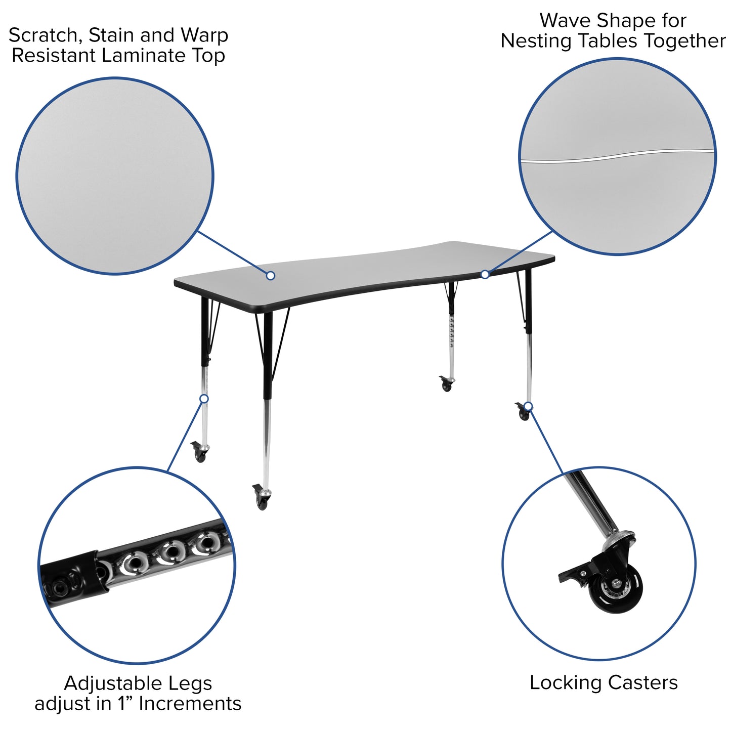 Wren Mobile 26"W x 60"L Rectangle Wave Flexible Collaborative Grey Laminate Activity Table - Standard Height Adjust Legs Grey XU-A3060-CON-GY-T-A-CAS-GG