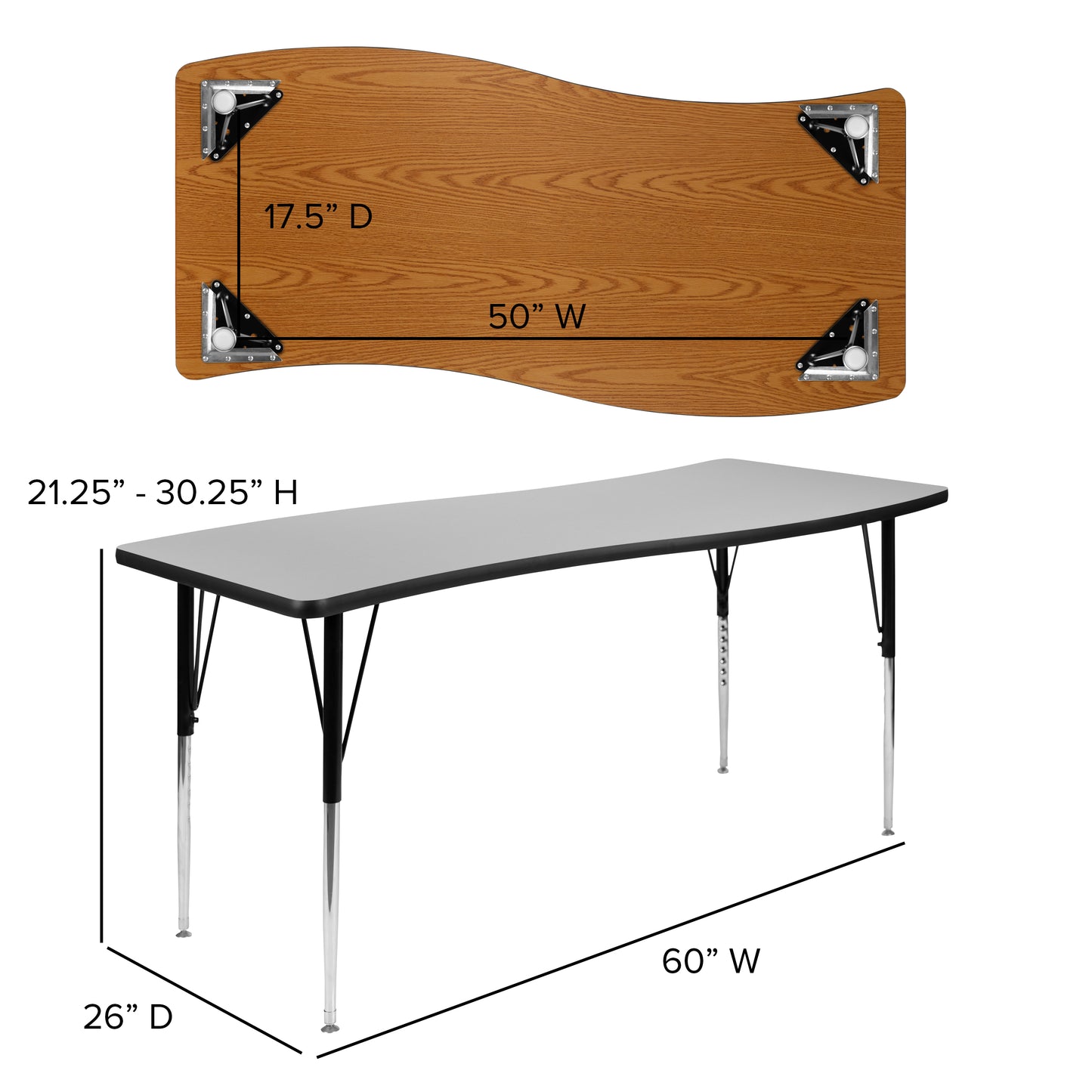 Wren 26"W x 60"L Rectangle Wave Flexible Collaborative Grey Thermal Laminate Activity Table - Standard Height Adjust Legs Grey