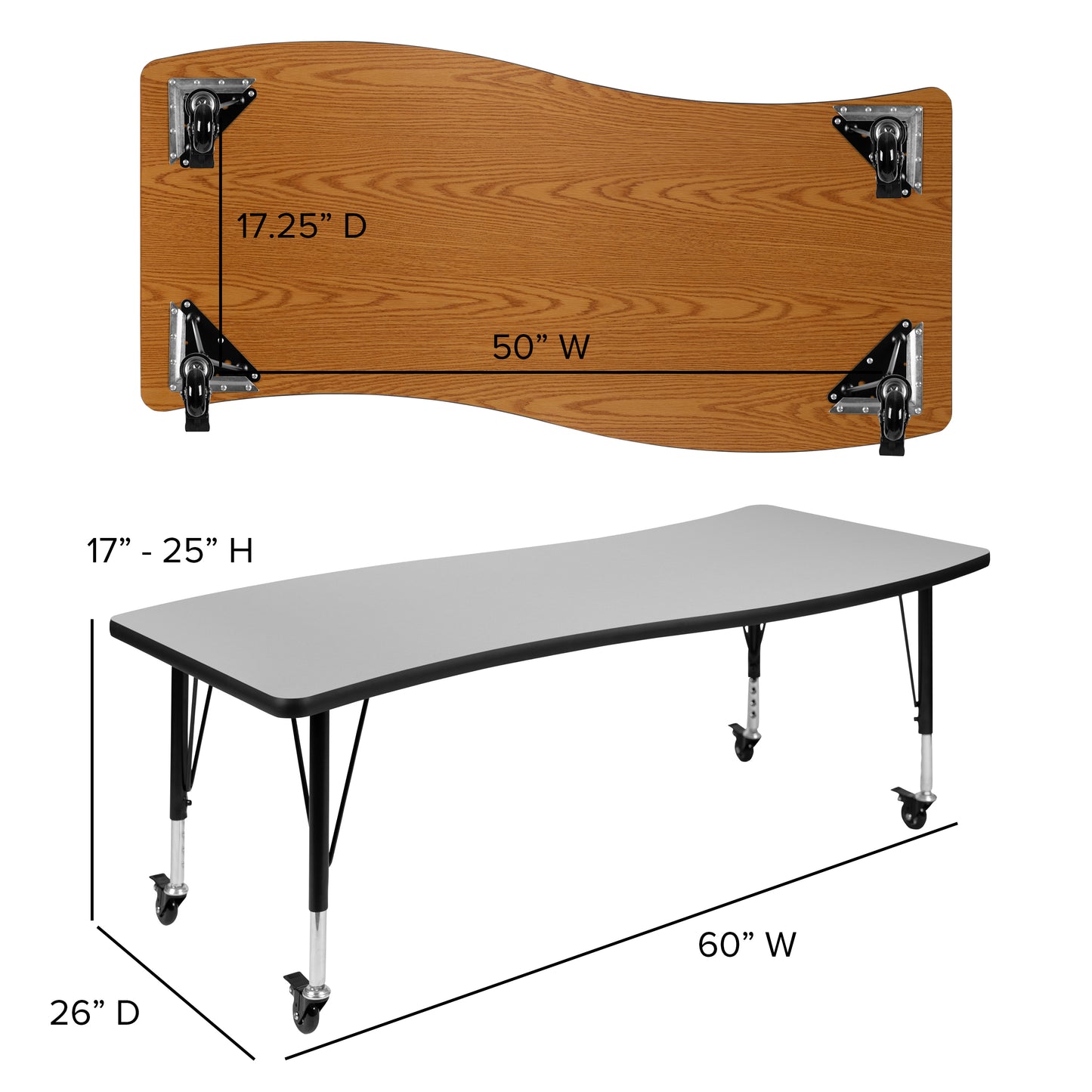 Wren Mobile 26"W x 60"L Rectangle Wave Flexible Collaborative Grey Laminate Activity Table - Height Adjust Short Legs Grey