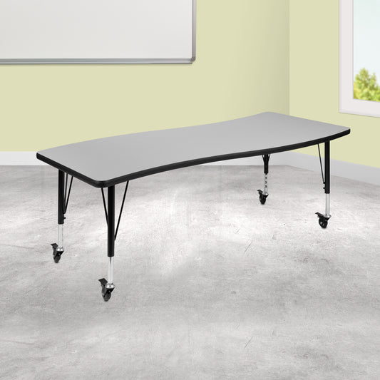 Wren Mobile 26"W x 60"L Rectangle Wave Flexible Collaborative Grey Laminate Activity Table - Height Adjust Short Legs Grey XU-A3060-CON-GY-T-P-CAS-GG