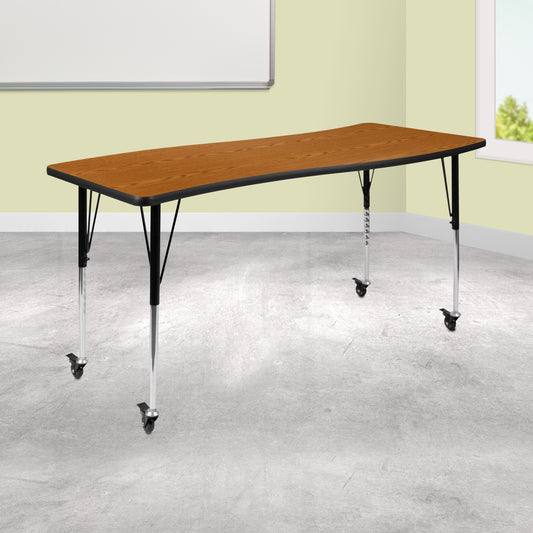Wren Mobile 26"W x 60"L Rectangle Wave Flexible Collaborative Oak Laminate Activity Table - Standard Height Adjust Legs Oak XU-A3060-CON-OAK-T-A-CAS-GG