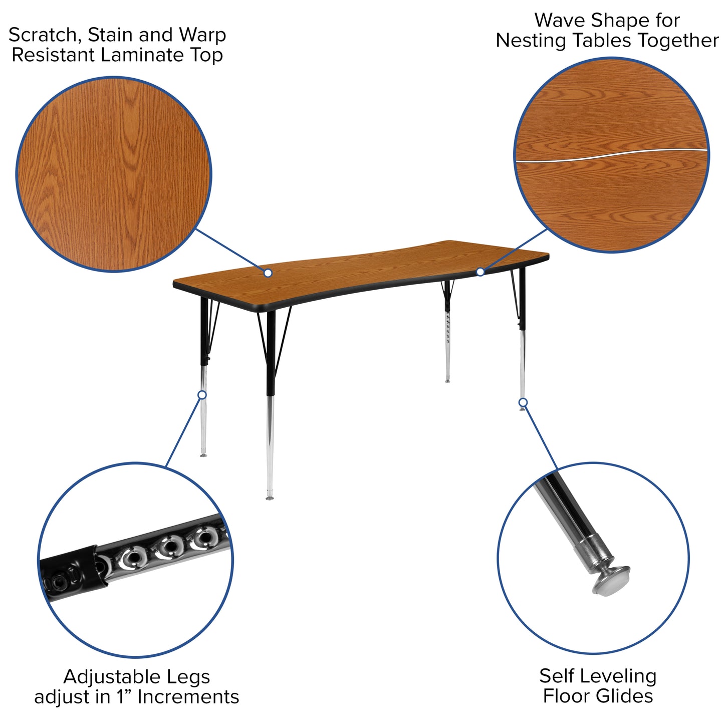 Wren 26"W x 60"L Rectangle Wave Flexible Collaborative Oak Thermal Laminate Activity Table - Standard Height Adjust Legs Oak XU-A3060-CON-OAK-T-A-GG