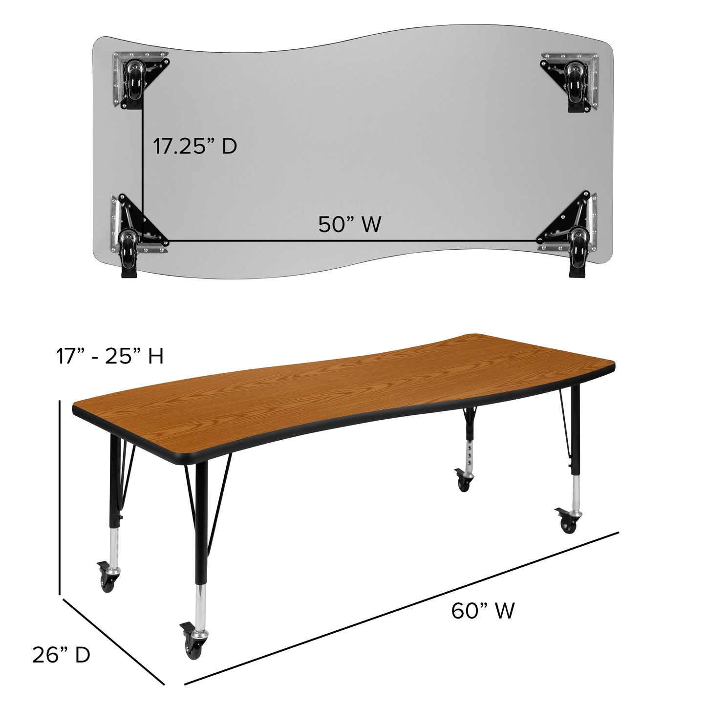 Wren Mobile 26"W x 60"L Rectangle Wave Flexible Collaborative Oak Laminate Activity Table - Height Adjust Short Legs Oak