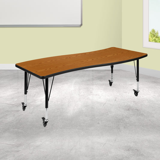 Wren Mobile 26"W x 60"L Rectangle Wave Flexible Collaborative Oak Laminate Activity Table - Height Adjust Short Legs Oak XU-A3060-CON-OAK-T-P-CAS-GG
