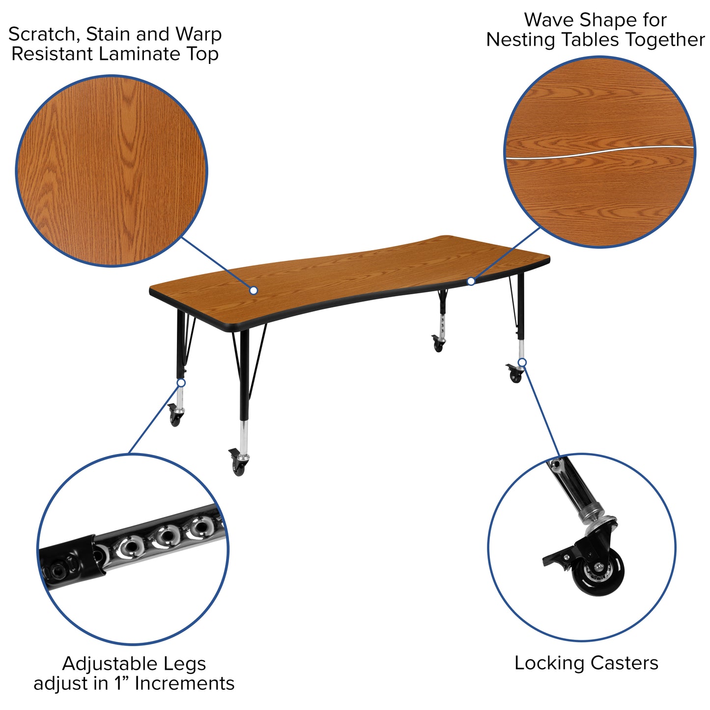 Wren Mobile 26"W x 60"L Rectangle Wave Flexible Collaborative Oak Laminate Activity Table - Height Adjust Short Legs Oak