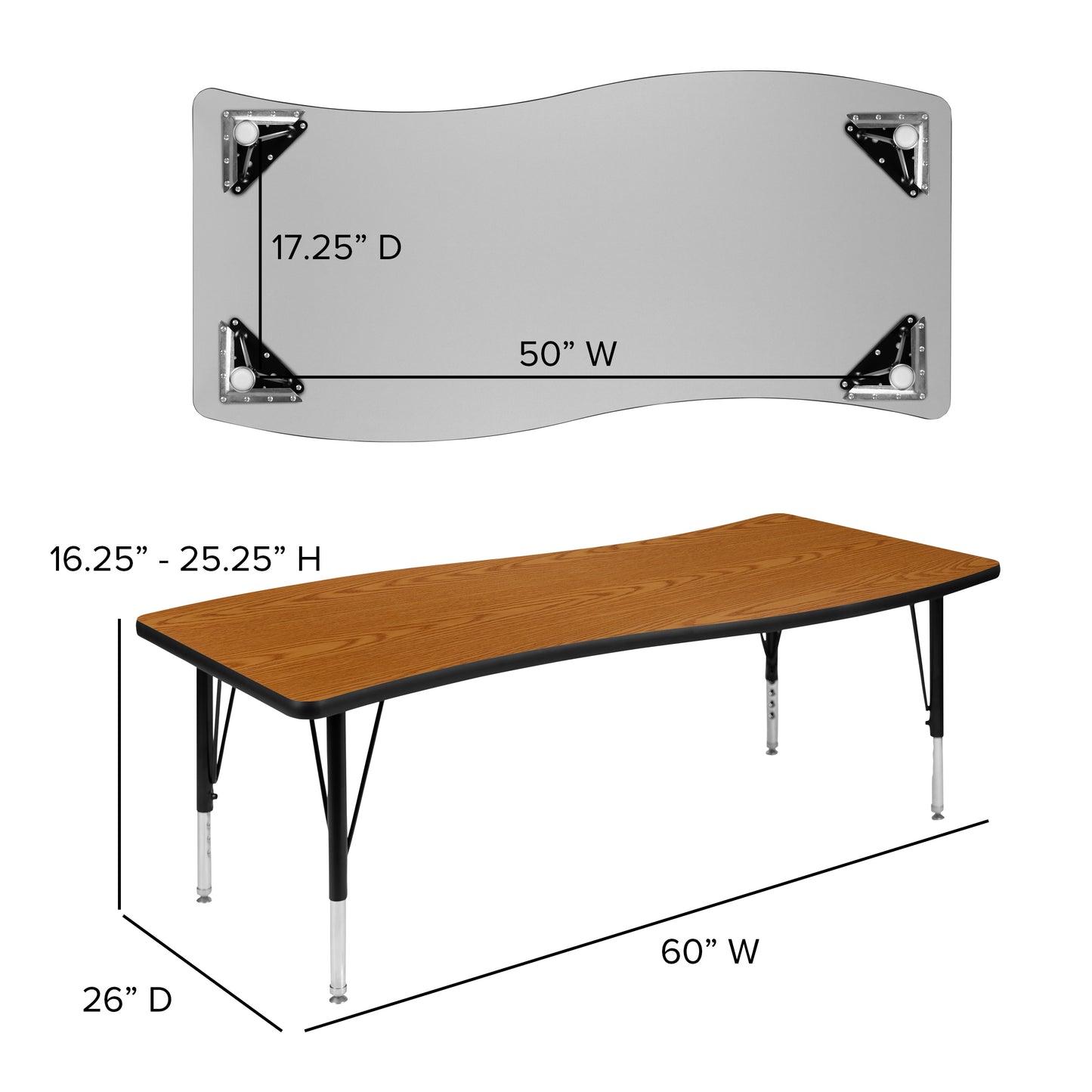 Wren 26"W x 60"L Rectangular Wave Flexible Collaborative Oak Thermal Laminate Activity Table - Height Adjustable Short Legs Oak