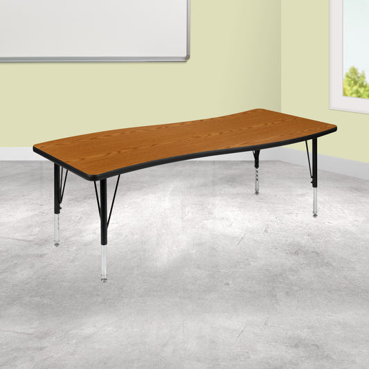 Wren 26"W x 60"L Rectangular Wave Flexible Collaborative Oak Thermal Laminate Activity Table - Height Adjustable Short Legs Oak XU-A3060-CON-OAK-T-P-GG
