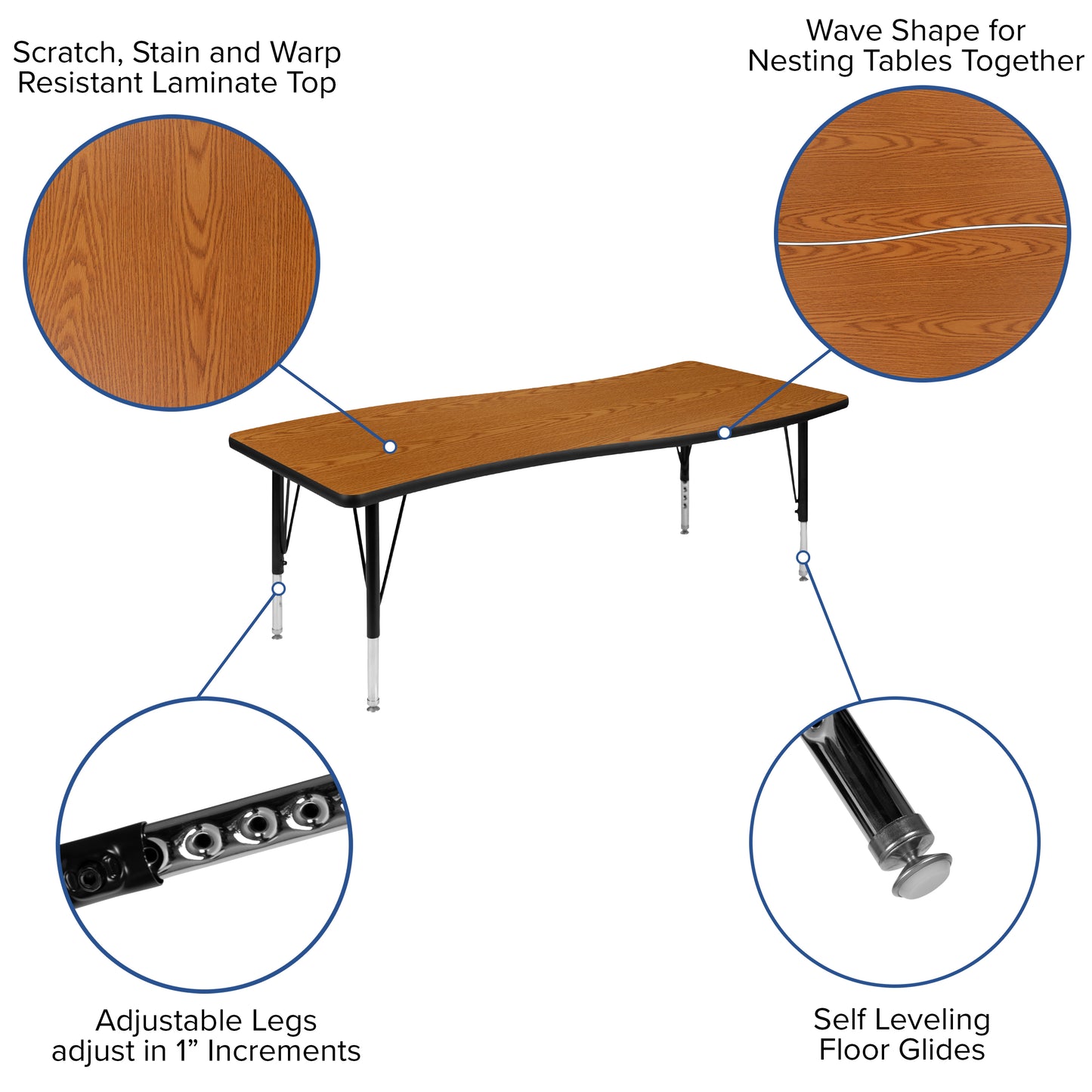 Wren 26"W x 60"L Rectangular Wave Flexible Collaborative Oak Thermal Laminate Activity Table - Height Adjustable Short Legs Oak