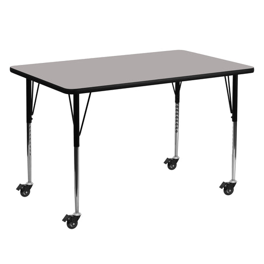 Wren Mobile 30''W x 60''L Rectangular Grey HP Laminate Activity Table - Standard Height Adjustable Legs Gray XU-A3060-REC-GY-H-A-CAS-GG