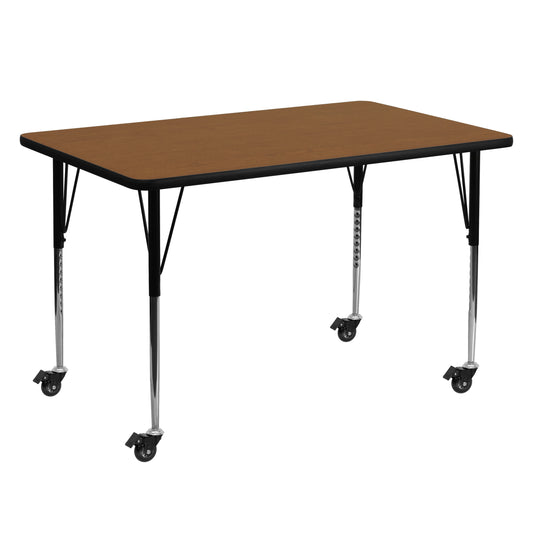 Wren Mobile 30''W x 60''L Rectangular Oak HP Laminate Activity Table - Standard Height Adjustable Legs Oak XU-A3060-REC-OAK-H-A-CAS-GG