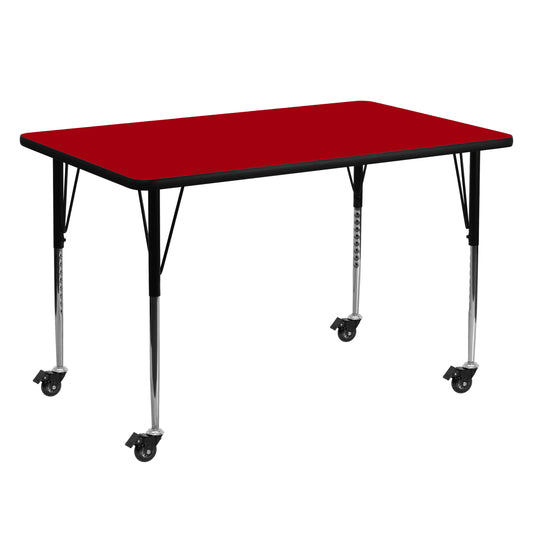 Wren Mobile 30''W x 60''L Rectangular Red Thermal Laminate Activity Table - Standard Height Adjustable Legs Red XU-A3060-REC-RED-T-A-CAS-GG