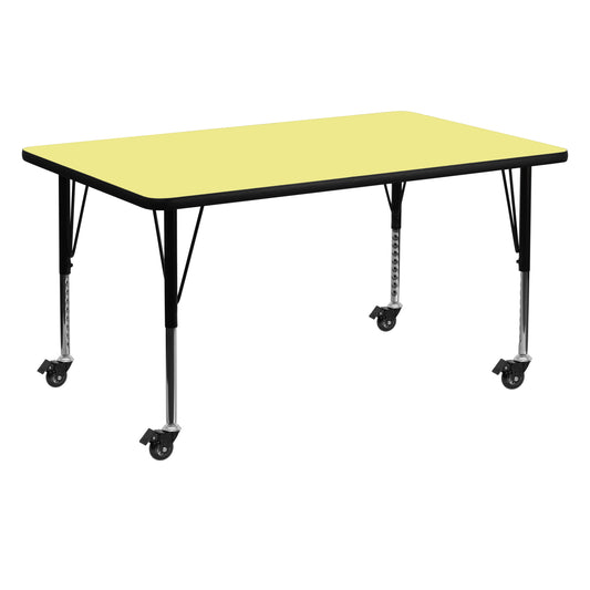 Wren Mobile 30''W x 60''L Rectangular Yellow Thermal Laminate Activity Table - Height Adjustable Short Legs Yellow XU-A3060-REC-YEL-T-P-CAS-GG
