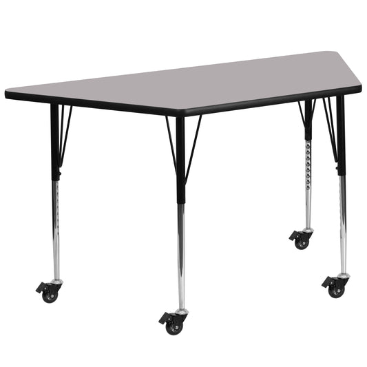 Wren Mobile 29''W x 57''L Trapezoid Grey Thermal Laminate Activity Table - Standard Height Adjustable Legs Gray XU-A3060-TRAP-GY-T-A-CAS-GG