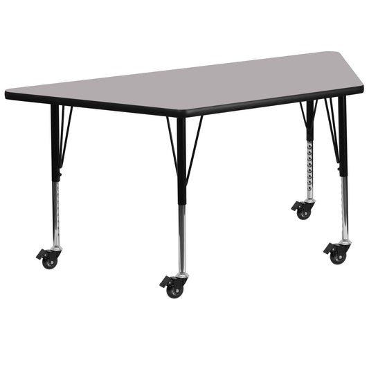 Wren Mobile 29''W x 57''L Trapezoid Grey Thermal Laminate Activity Table - Height Adjustable Short Legs Gray XU-A3060-TRAP-GY-T-P-CAS-GG