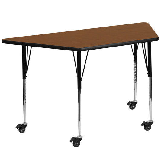 Wren Mobile 29''W x 57''L Trapezoid Oak HP Laminate Activity Table - Standard Height Adjustable Legs Oak XU-A3060-TRAP-OAK-H-A-CAS-GG