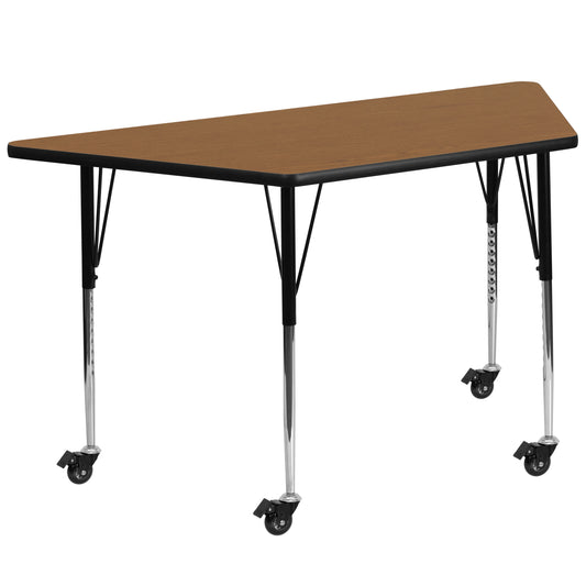 Wren Mobile 29''W x 57''L Trapezoid Oak Thermal Laminate Activity Table - Standard Height Adjustable Legs Oak XU-A3060-TRAP-OAK-T-A-CAS-GG