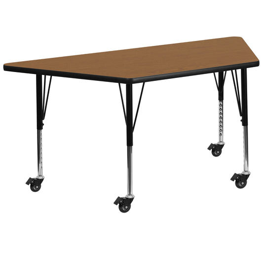 Wren Mobile 29''W x 57''L Trapezoid Oak Thermal Laminate Activity Table - Height Adjustable Short Legs Oak XU-A3060-TRAP-OAK-T-P-CAS-GG
