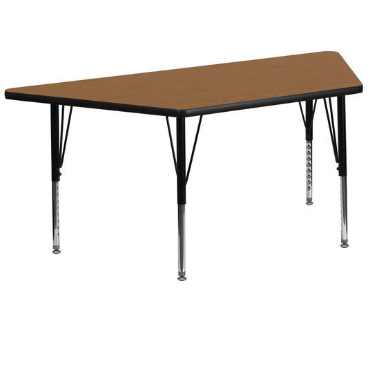 Wren 29''W x 57''L Trapezoid Oak Thermal Laminate Activity Table - Height Adjustable Short Legs Oak XU-A3060-TRAP-OAK-T-P-GG