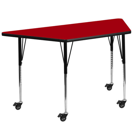 Wren Mobile 29''W x 57''L Trapezoid Red Thermal Laminate Activity Table - Standard Height Adjustable Legs Red XU-A3060-TRAP-RED-T-A-CAS-GG