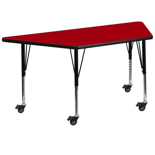 Wren Mobile 29''W x 57''L Trapezoid Red Thermal Laminate Activity Table - Height Adjustable Short Legs Red XU-A3060-TRAP-RED-T-P-CAS-GG
