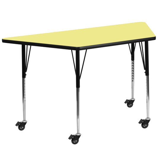 Wren Mobile 29''W x 57''L Trapezoid Yellow Thermal Laminate Activity Table - Standard Height Adjustable Legs Yellow XU-A3060-TRAP-YEL-T-A-CAS-GG