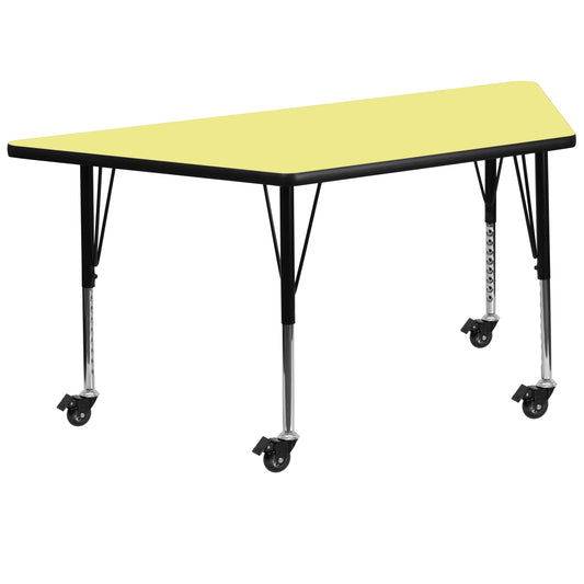 Wren Mobile 29''W x 57''L Trapezoid Yellow Thermal Laminate Activity Table - Height Adjustable Short Legs Yellow XU-A3060-TRAP-YEL-T-P-CAS-GG