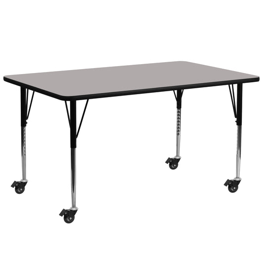 Wren Mobile 30''W x 72''L Rectangular Grey HP Laminate Activity Table - Standard Height Adjustable Legs Gray XU-A3072-REC-GY-H-A-CAS-GG