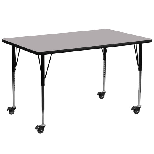 Wren Mobile 30''W x 72''L Rectangular Grey Thermal Laminate Activity Table - Standard Height Adjustable Legs Gray XU-A3072-REC-GY-T-A-CAS-GG