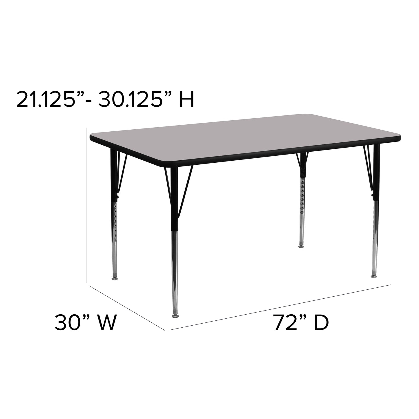 Wren 30''W x 72''L Rectangular Grey Thermal Laminate Activity Table - Standard Height Adjustable Legs Gray