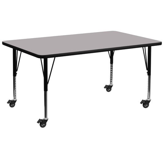 Wren Mobile 30''W x 72''L Rectangular Grey Thermal Laminate Activity Table - Height Adjustable Short Legs Gray XU-A3072-REC-GY-T-P-CAS-GG