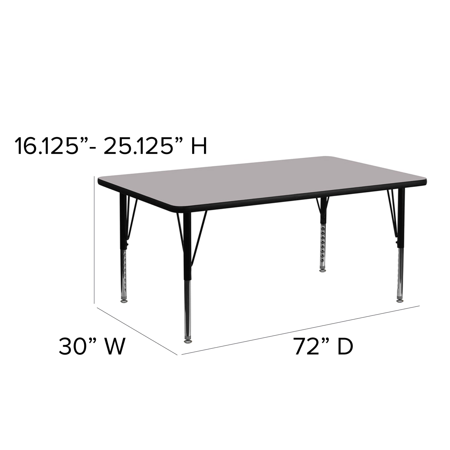 Wren 30''W x 72''L Rectangular Grey Thermal Laminate Activity Table - Height Adjustable Short Legs Gray