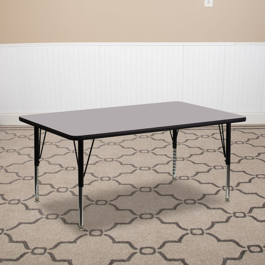Wren 30''W x 72''L Rectangular Grey Thermal Laminate Activity Table - Height Adjustable Short Legs Gray XU-A3072-REC-GY-T-P-GG