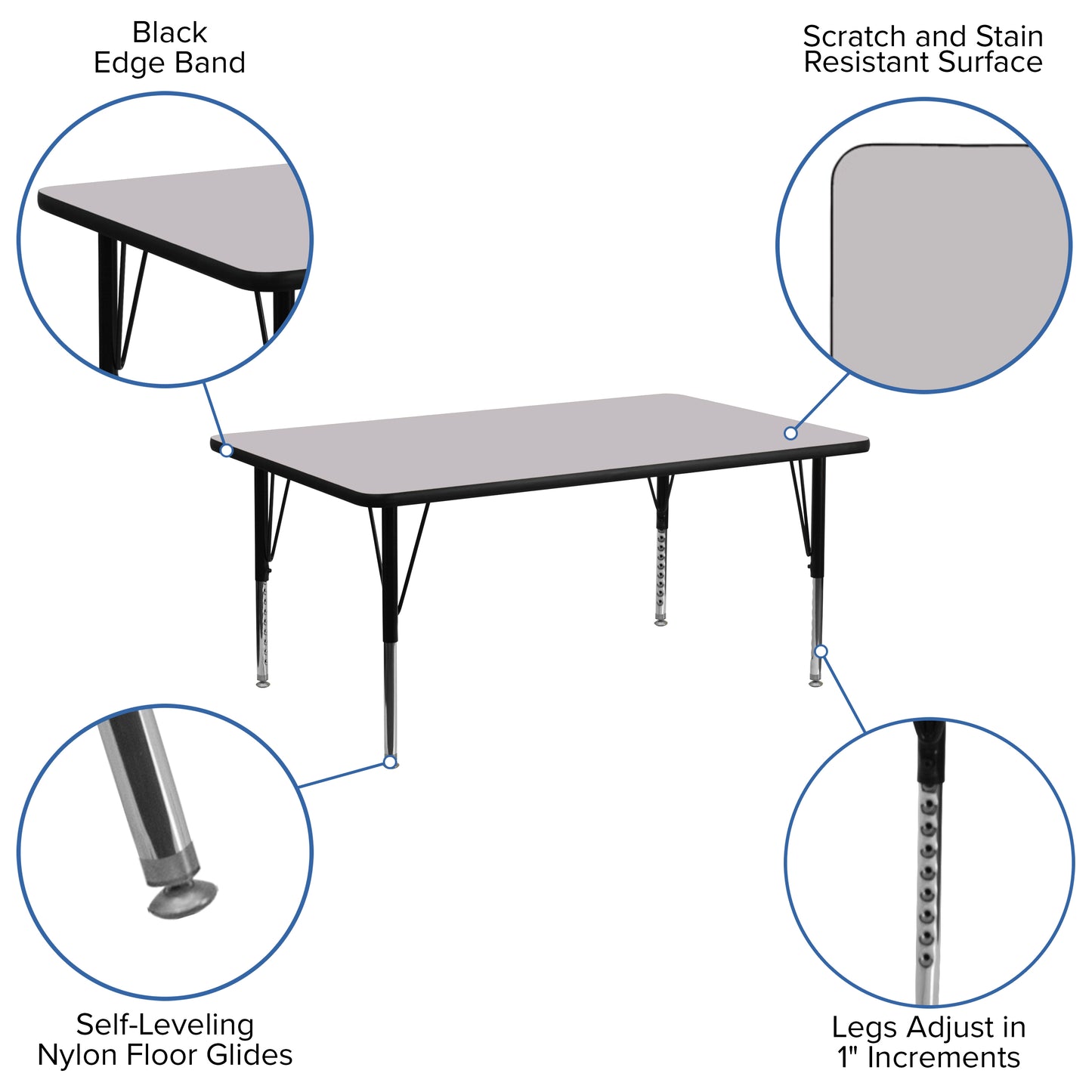 Wren 30''W x 72''L Rectangular Grey Thermal Laminate Activity Table - Height Adjustable Short Legs Gray