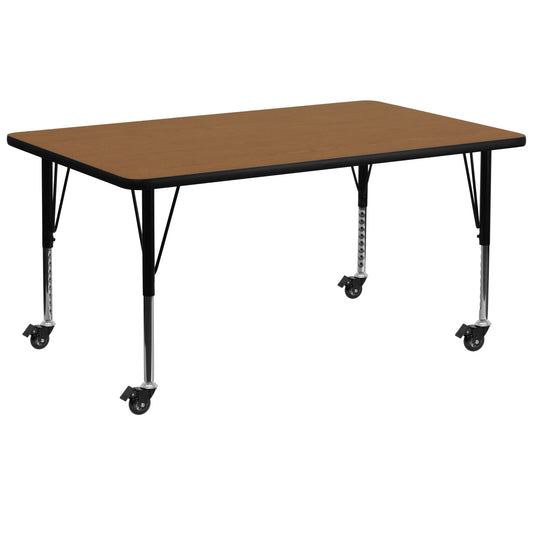 Wren Mobile 30''W x 72''L Rectangular Oak Thermal Laminate Activity Table - Height Adjustable Short Legs Oak XU-A3072-REC-OAK-T-P-CAS-GG