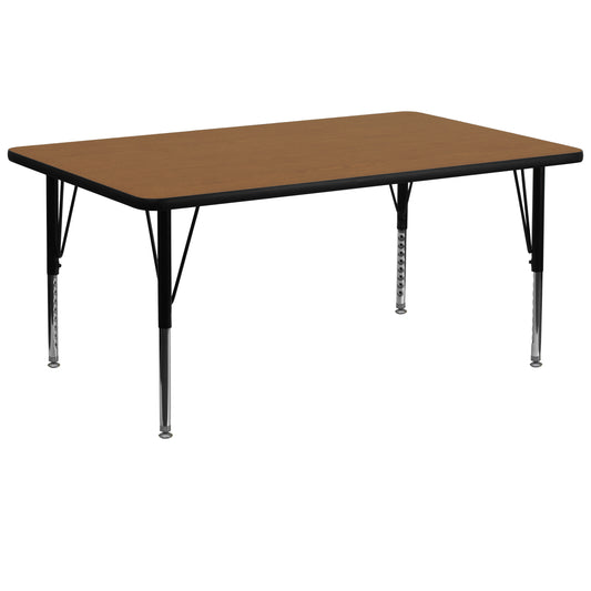 Wren 30''W x 72''L Rectangular Oak Thermal Laminate Activity Table - Height Adjustable Short Legs Oak XU-A3072-REC-OAK-T-P-GG