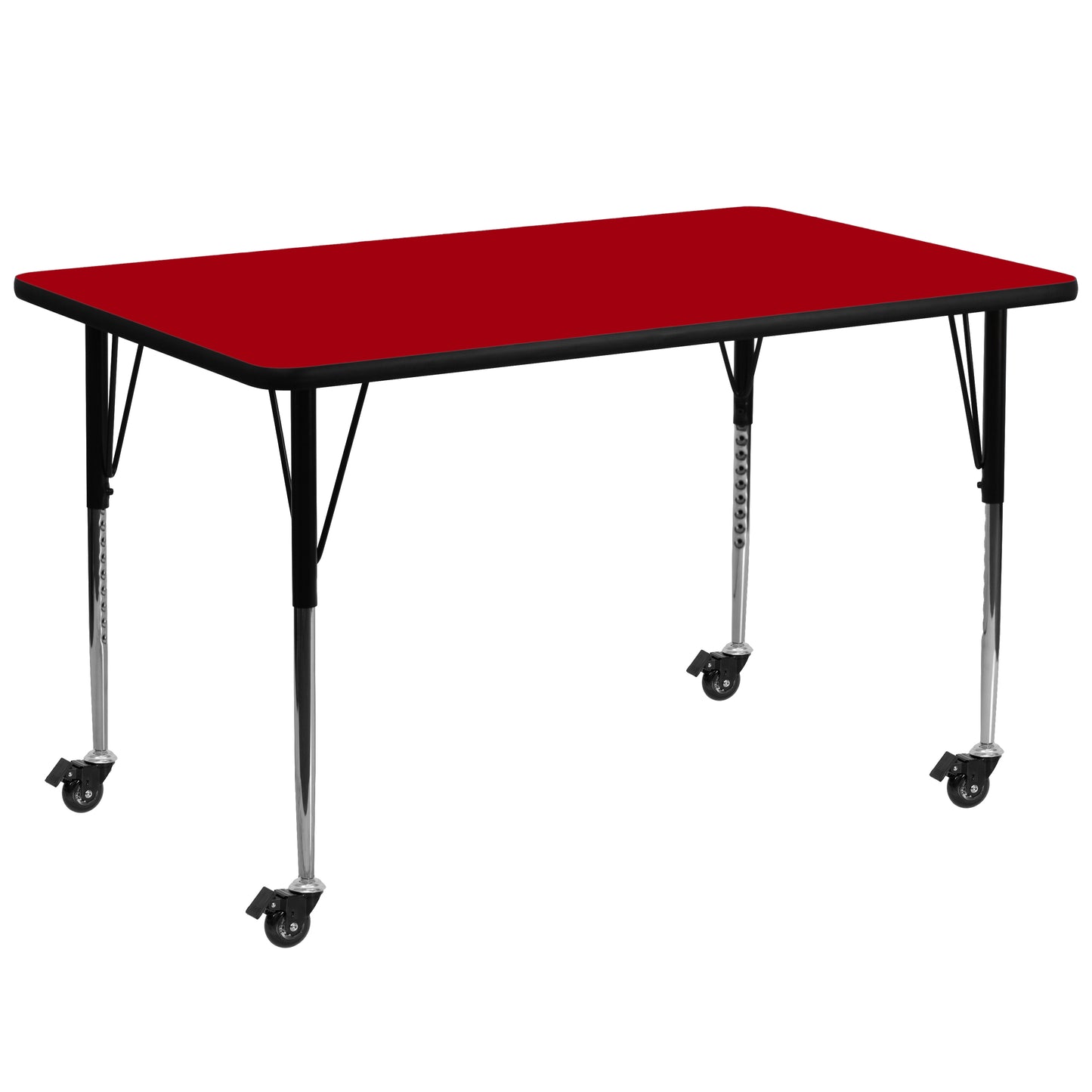 Wren Mobile 30''W x 72''L Rectangular Red Thermal Laminate Activity Table - Standard Height Adjustable Legs Red XU-A3072-REC-RED-T-A-CAS-GG