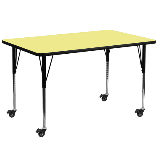 Wren Mobile 30''W x 72''L Rectangular Yellow Thermal Laminate Activity Table - Standard Height Adjustable Legs Yellow XU-A3072-REC-YEL-T-A-CAS-GG