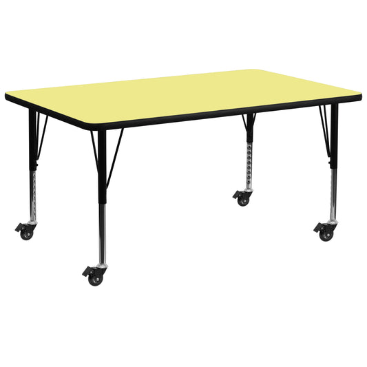 Wren Mobile 30''W x 72''L Rectangular Yellow Thermal Laminate Activity Table - Height Adjustable Short Legs Yellow XU-A3072-REC-YEL-T-P-CAS-GG