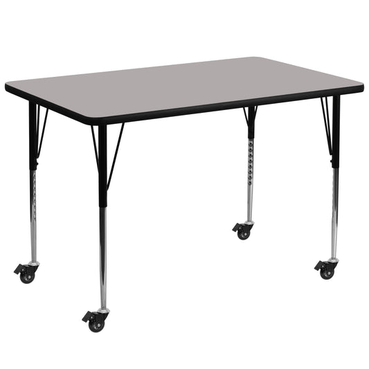 Wren Mobile 36''W x 72''L Rectangular Grey HP Laminate Activity Table - Standard Height Adjustable Legs Gray XU-A3672-REC-GY-H-A-CAS-GG