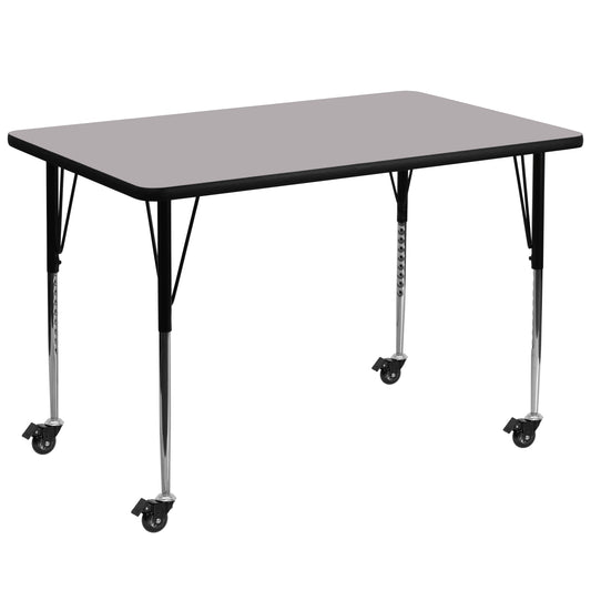 Wren Mobile 36''W x 72''L Rectangular Grey Thermal Laminate Activity Table - Standard Height Adjustable Legs Gray XU-A3672-REC-GY-T-A-CAS-GG