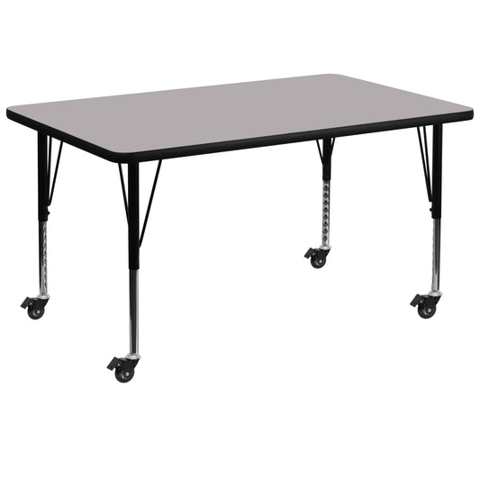 Wren Mobile 36''W x 72''L Rectangular Grey Thermal Laminate Activity Table - Height Adjustable Short Legs Gray XU-A3672-REC-GY-T-P-CAS-GG