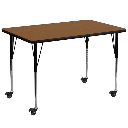 Wren Mobile 36''W x 72''L Rectangular Oak HP Laminate Activity Table - Standard Height Adjustable Legs Oak XU-A3672-REC-OAK-H-A-CAS-GG