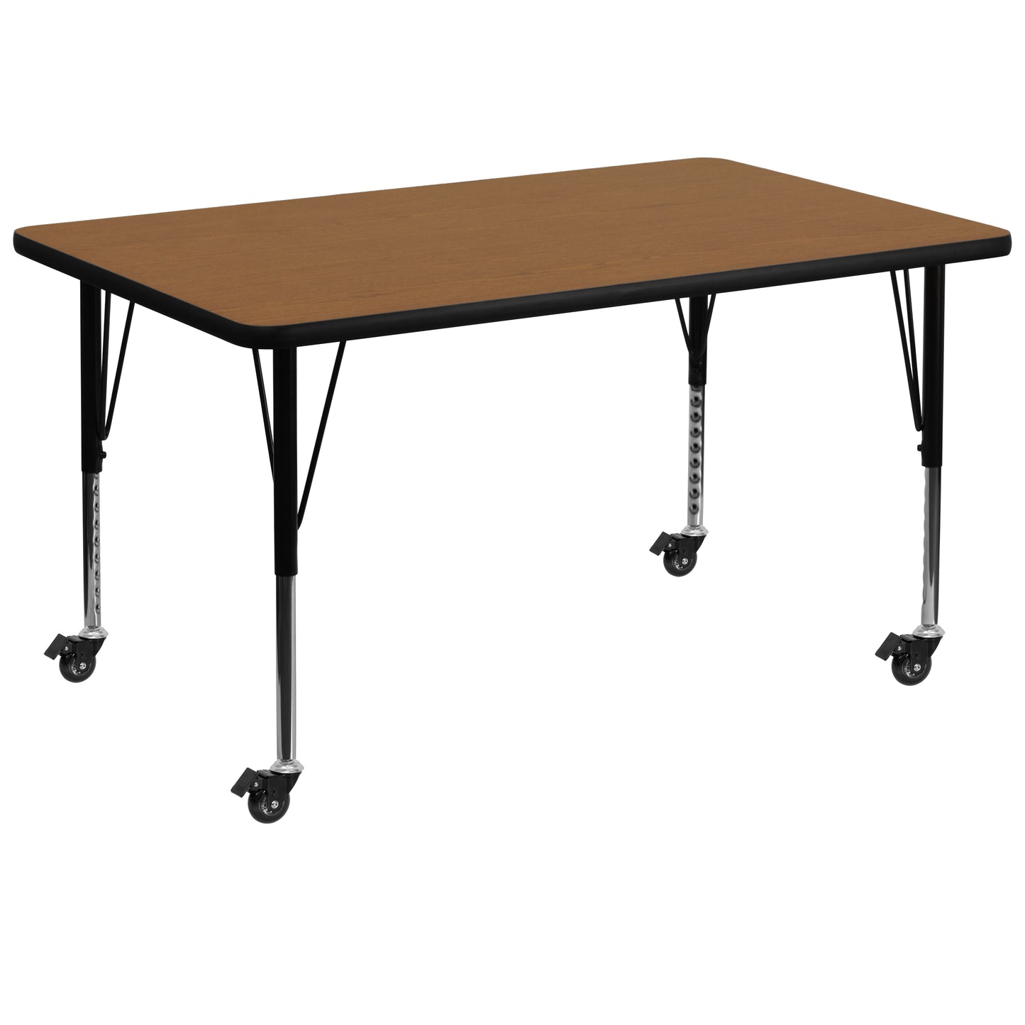 Wren Mobile 36''W x 72''L Rectangular Oak Thermal Laminate Activity Table - Height Adjustable Short Legs Oak XU-A3672-REC-OAK-T-P-CAS-GG