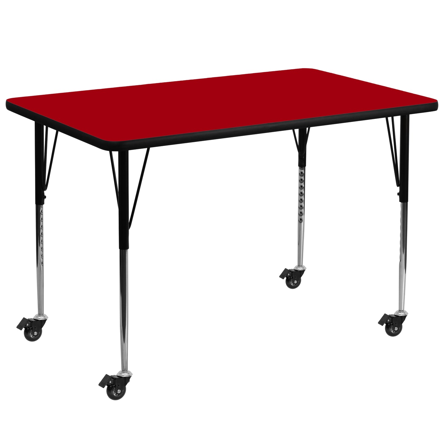 Wren Mobile 36''W x 72''L Rectangular Red Thermal Laminate Activity Table - Standard Height Adjustable Legs Red XU-A3672-REC-RED-T-A-CAS-GG
