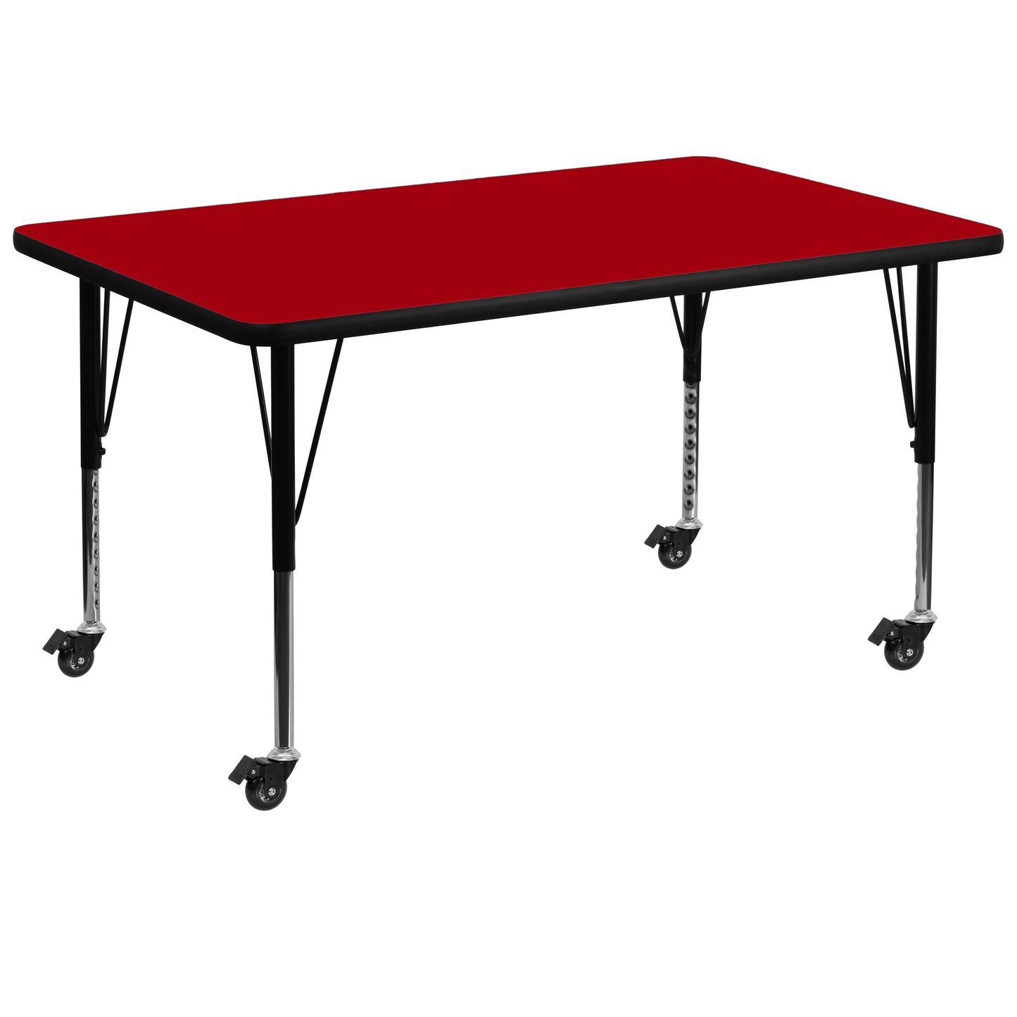 Wren Mobile 36''W x 72''L Rectangular Red Thermal Laminate Activity Table - Height Adjustable Short Legs Red XU-A3672-REC-RED-T-P-CAS-GG